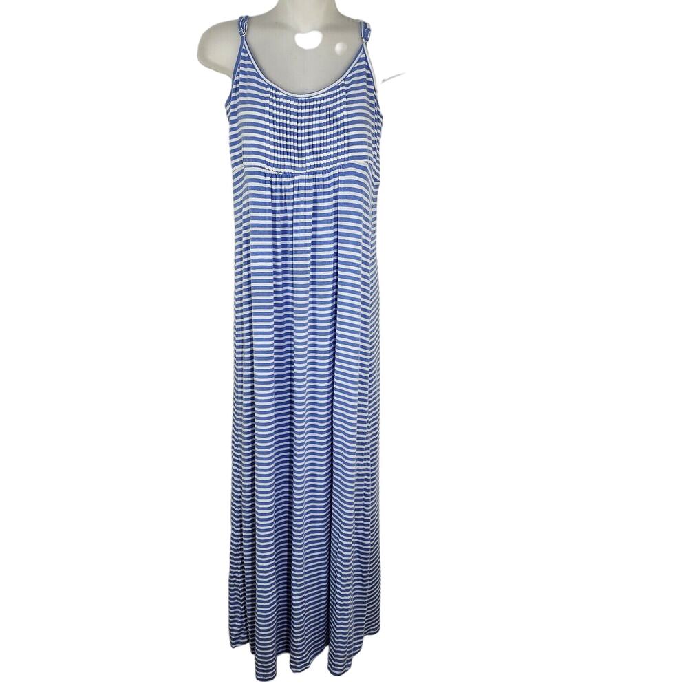 Calvin Klein Womens Maxi Dress 10 Empire Waist White Blue Stripe Pleated Rayon